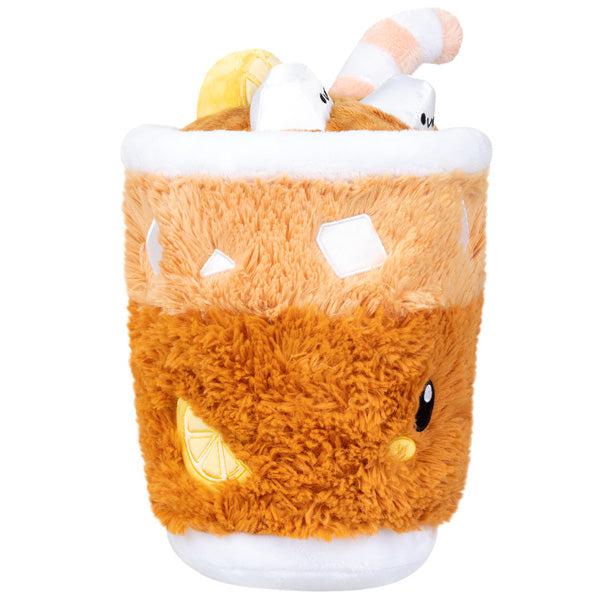 Side view of the plush. Shows that it has embroidered lemons and ice cubes in the drink.