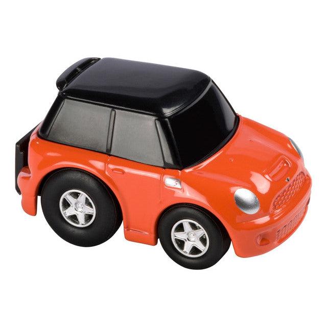 A diecast coup with an orange body and a black hood. The rear wheels are slightly larger than the front to give the pullback car balance.