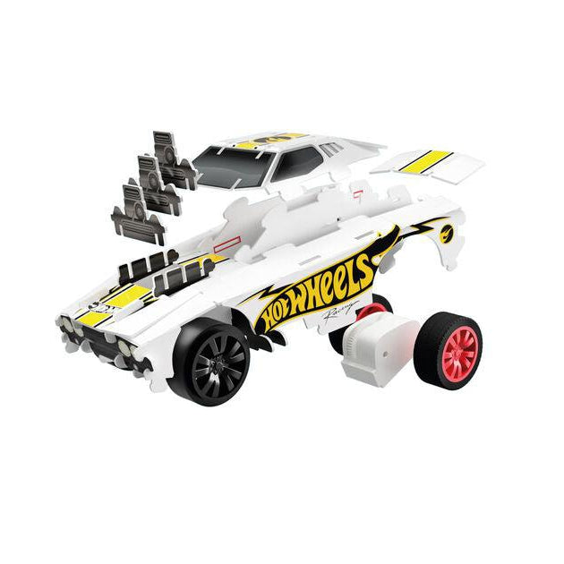 Image of an example make-it-yourself car. It shows all the separate pieces and how they attach together. Shows the white and yellow variation.