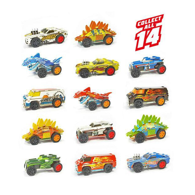 Collect all 14 different cars in these blind bags! Shows all of the possible cars that could come out of the bag.