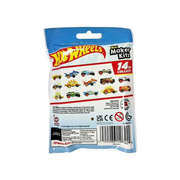 Displays back of the bag's packaging. It shows all 14 possible cars that can be collected.