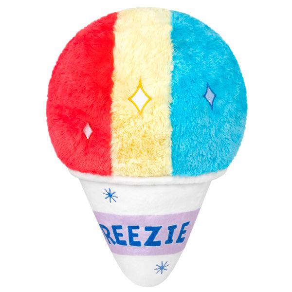 Back view of the plush. Shows that the "paper" cone has a lable going around that says FREEZIE.
