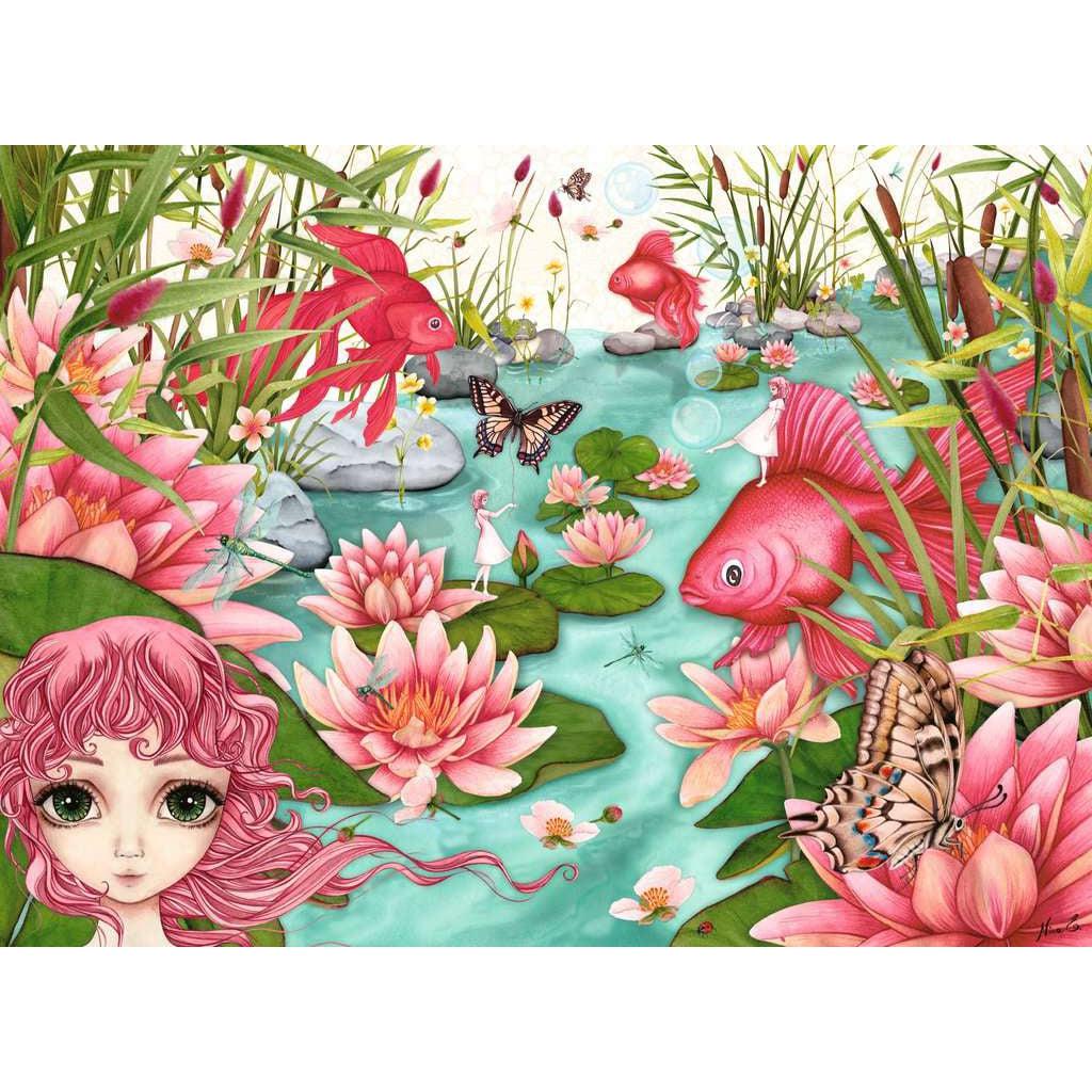 Puzzle illustration of pond scene with fish, vegetation, bubbles, and butterflies. You may even see some fairies hiding! Young cartoon girl with pink hair is seen close up in bottom left corner.