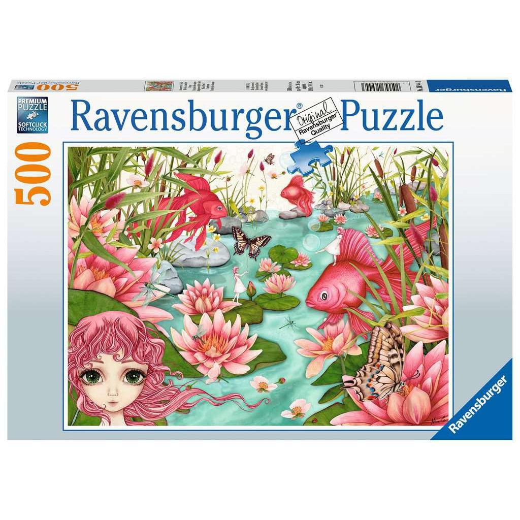 Image of the front of the puzzle box. It includes information such as the brand name, Ravensburger, and the piece count (500pc). In the center of the box is a picture of the completed puzzle. Puzzle described on next image.