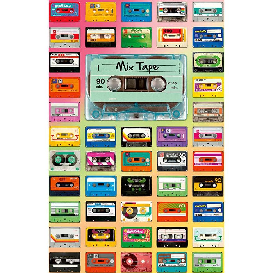 Puzzle image | Collage of cassette tapes of different varieties with one large cassette title "Mix Tape" as a focal point. | Pastel multicolored background.