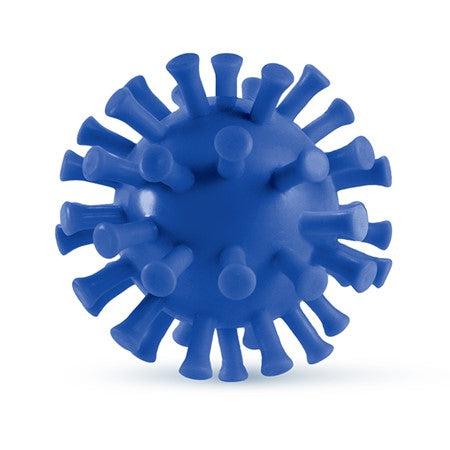 A blue frazzle ball is shown, it's a round ball covered in long knobby protrusions for added texture and stimulation when squeezing for stress relief.