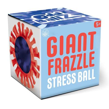 The packaging shows the product through a hole in the side, the right side reads: Giant frazzle Stress Ball, the top reads: Odd Ballz. Product itself described in next two images.