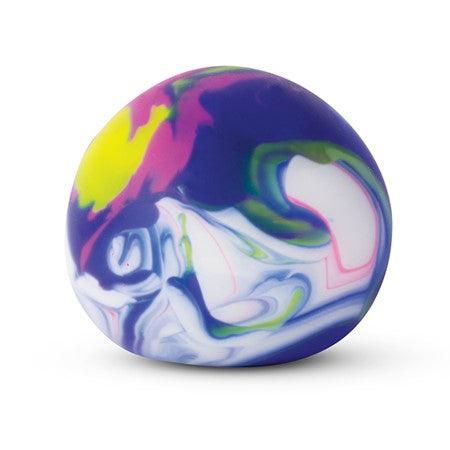 The stress ball is shown on a white background, it's a purple background with white, green, pink, and yellow marbling across it.