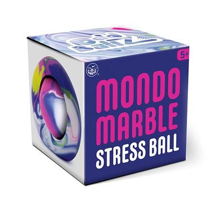 The packaging reads: Mondo Marble Stress ball. The left side has a cutout that shows the stress ball inside.
