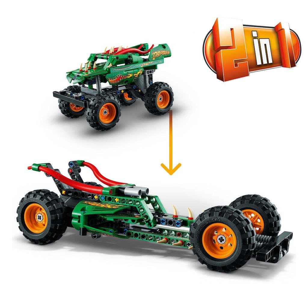2 in 1 graphic shown in top right | image of the monster truck has an arrow from it pointing to the alternate build version where it looks like a low to the ground drag racer with a really long body