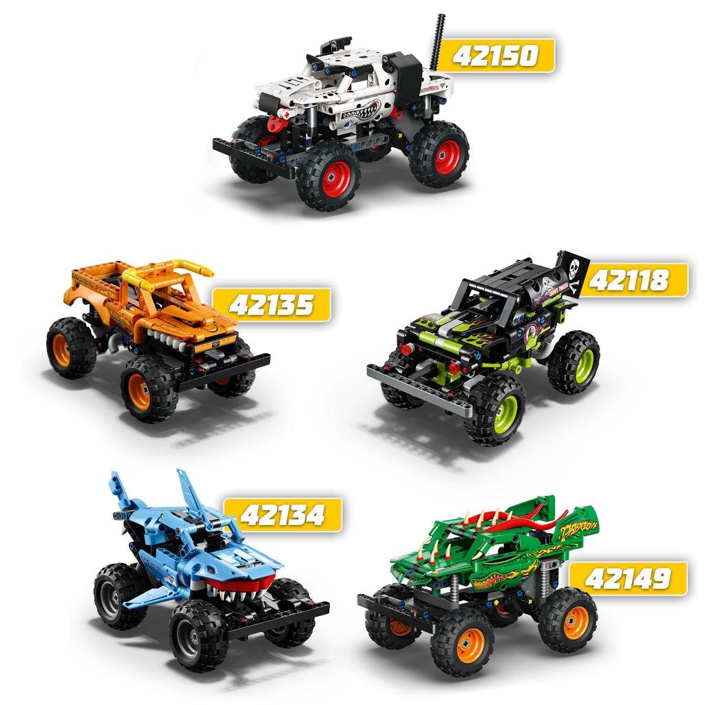 this car and 4 others (42118, 42134, 42135, 42150; each sold separately) from the lego technic monster jam line are shown