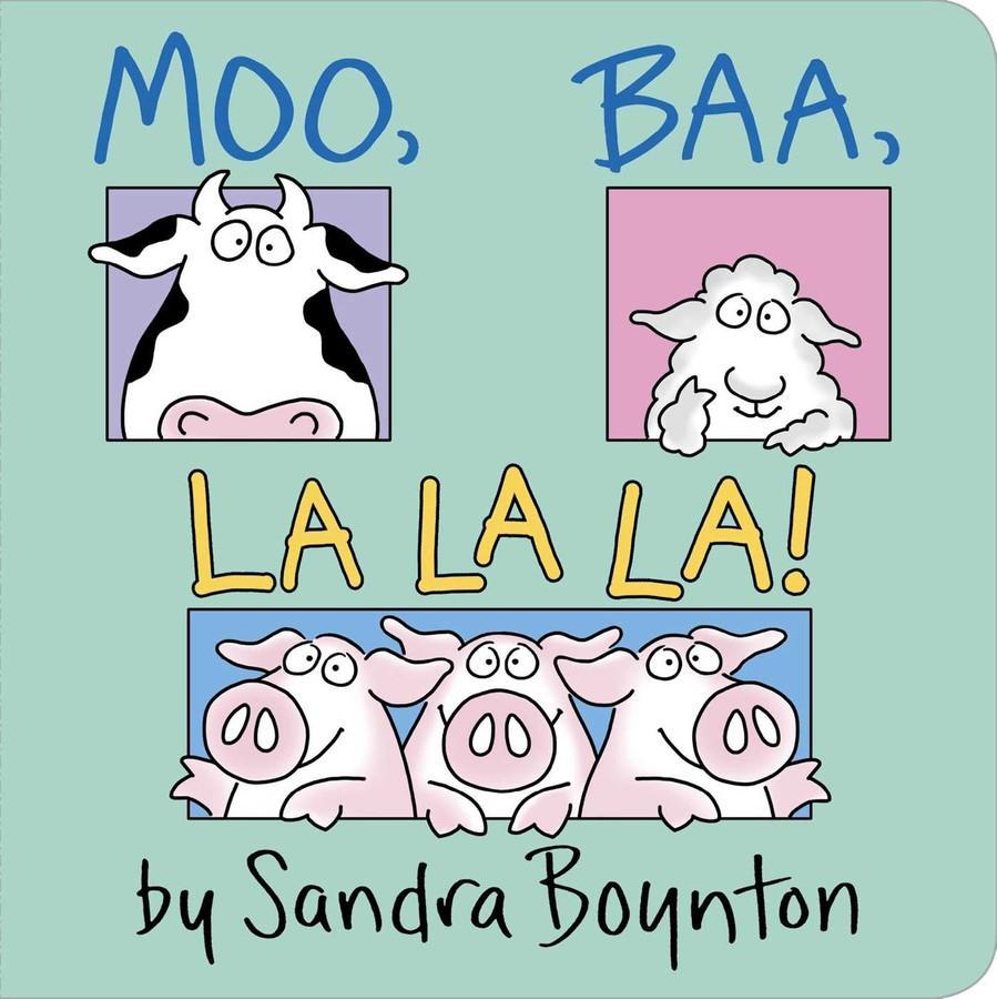 The book cover shows a cow and a sheep peeking through squares under the noises they make, and three pigs in one long rectangle under the "la la la"