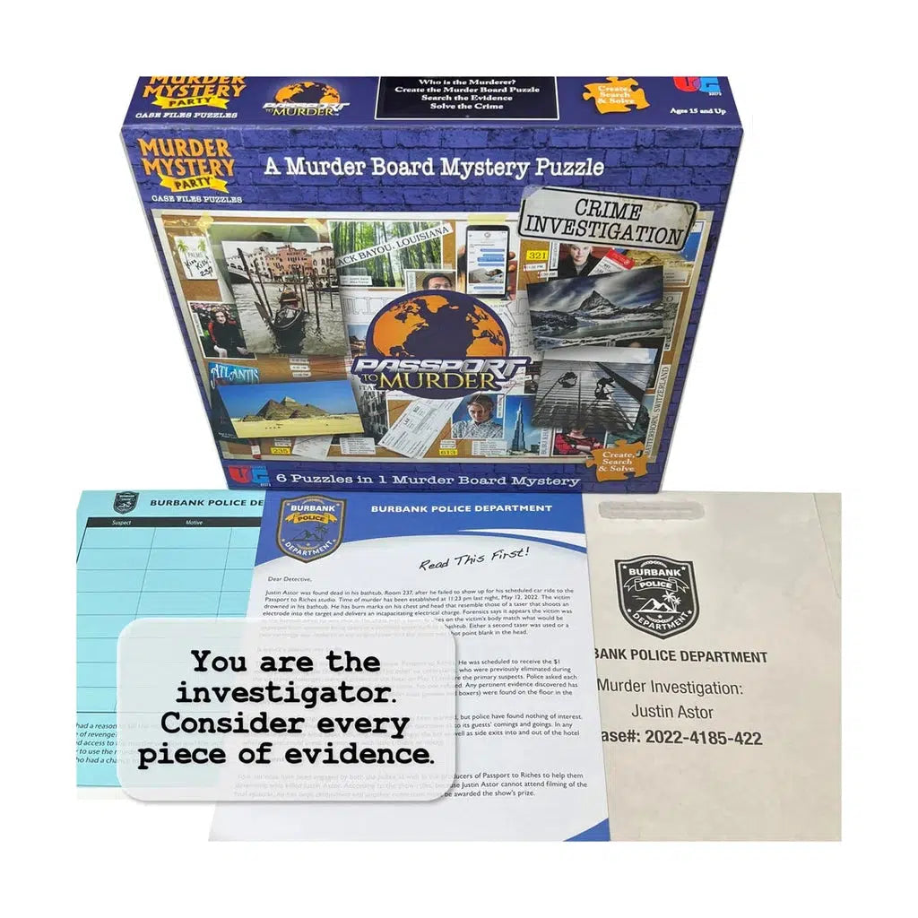 Game box and contents of paper police file | Text on image "You are the investigator. Consider every piece of evidence."