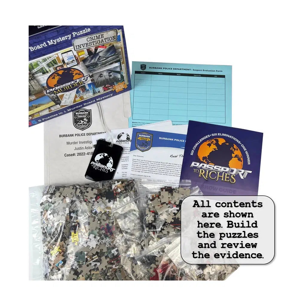 Full contents of puzzle box shown | Includes paper evidence, bags with separate puzzle pieces, and luggage tag. | Text on image "All contents are shown here. Build the puzzles and review the evidence."