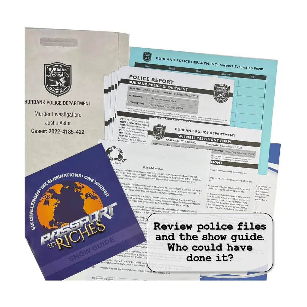 Papers from police file shown | Text on image "Review police files and the show guide. Who could have done it?"