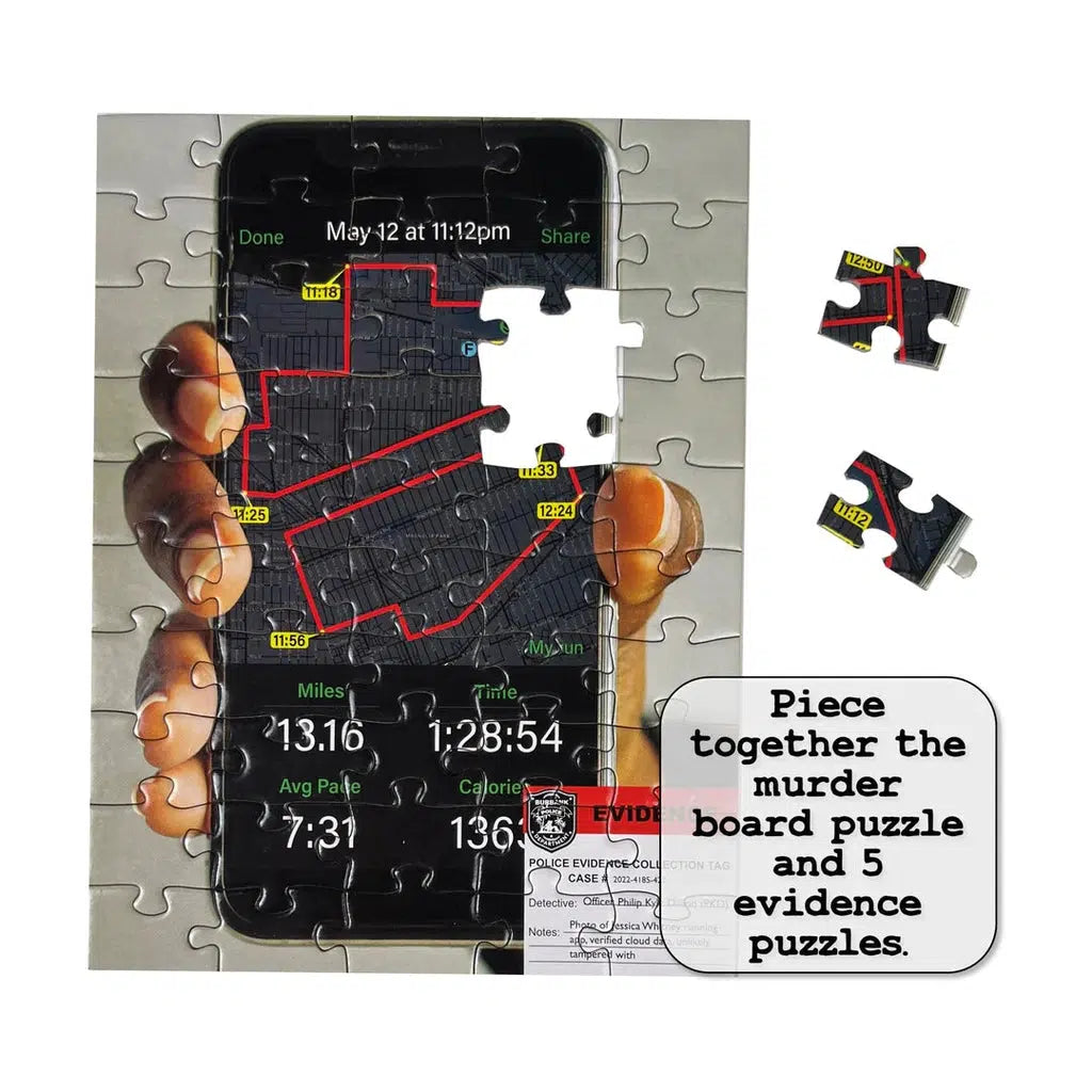 Example 50pc puzzle. Image on puzzle is a hand holding a smart phone that tracked jogging information. | Text on image "Piece together the murder board puzzle and five evidence puzzles.