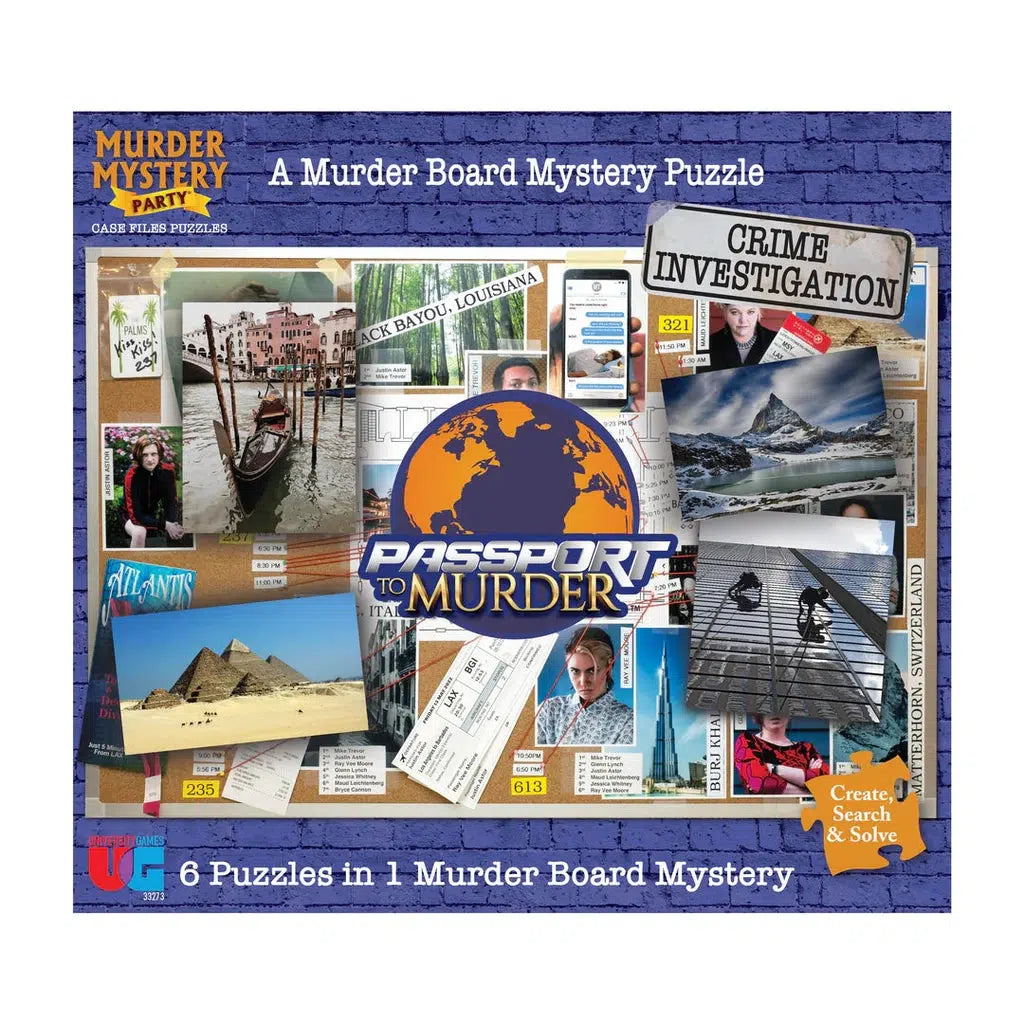 Puzzle/game box | A murder board with travel images and souvenirs sits against a blue brick wall.