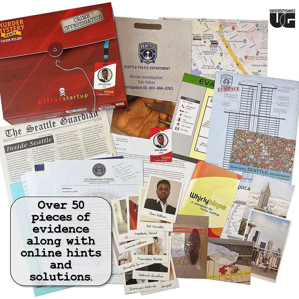 Game box and physical evidence scattered around image. | Text on image "Over 50 pieces of evidence along with hints and solutions."