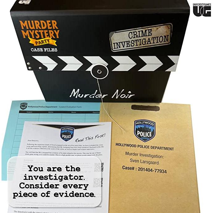 Game box is pictured | In front of box is a folder and papers that are part of the police casefile for the mystery. | Text on image "You are the investigator. Consider every piece of evidence."