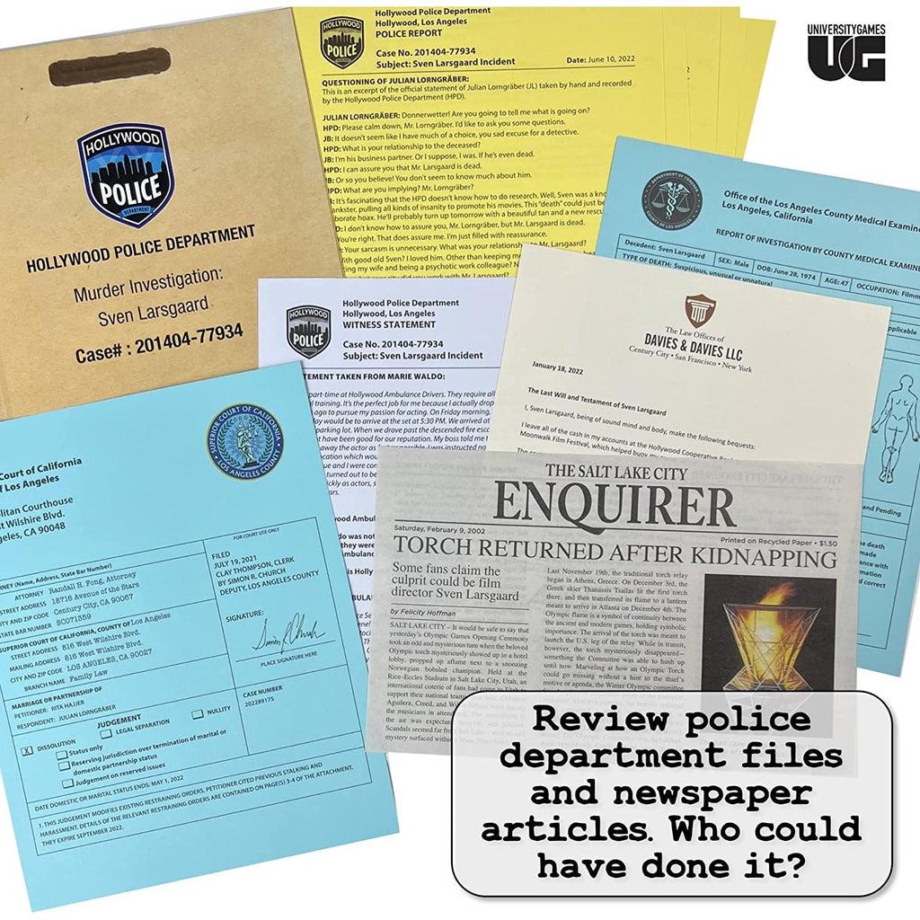 More images of police casefile documents | Other documents include a newspaper, court documents, and an autopsy report. | Text on image "Review police department files and newspaper articles. Who could have done it?"