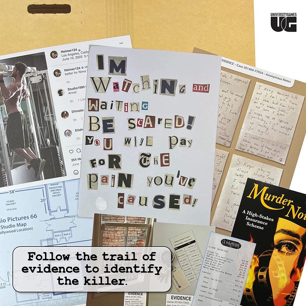 More evidence | Social media posts, floor maps, hand written notes, and a magazine cut-out letter note. | Text on image "Follow the trail of evidence to identify the killer."