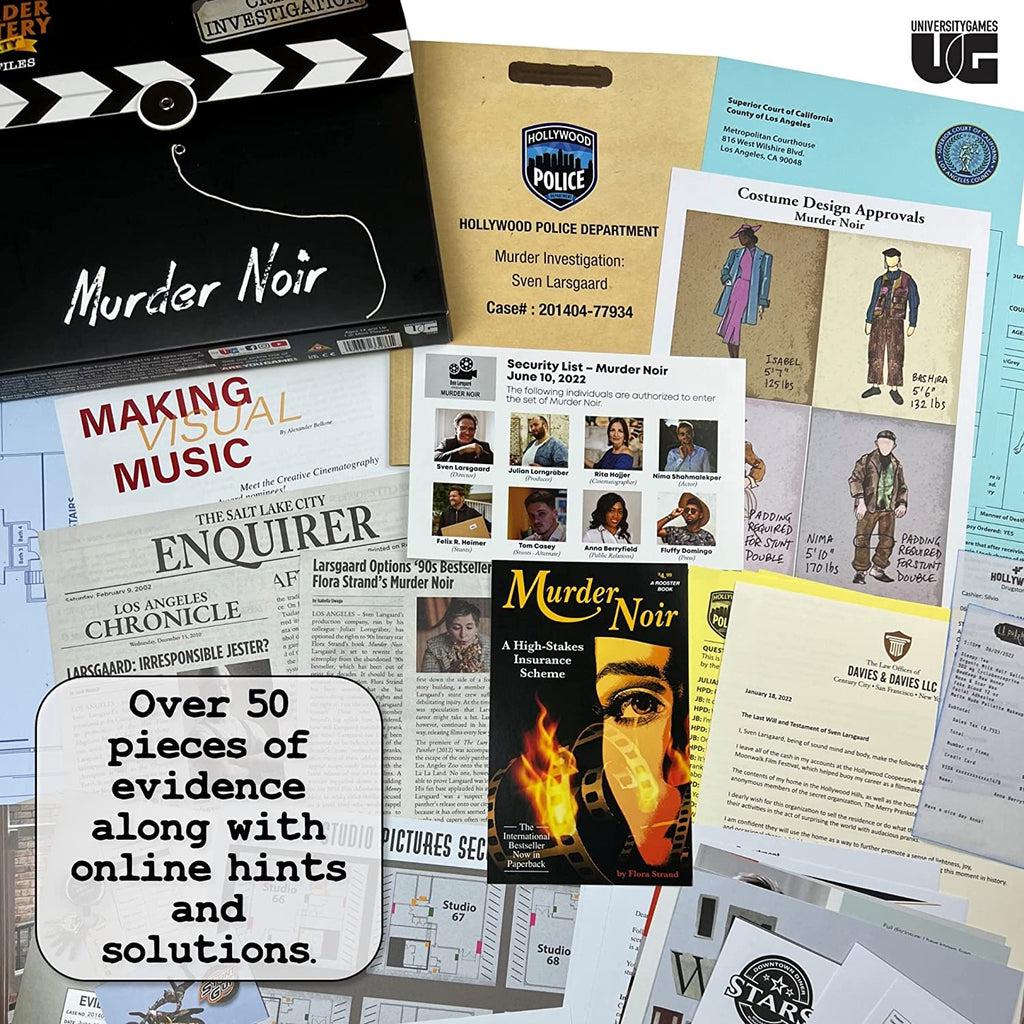 More physical evidence examples and game box | Text on image "Over 50 pieces of evidence along with online hints and solutions."