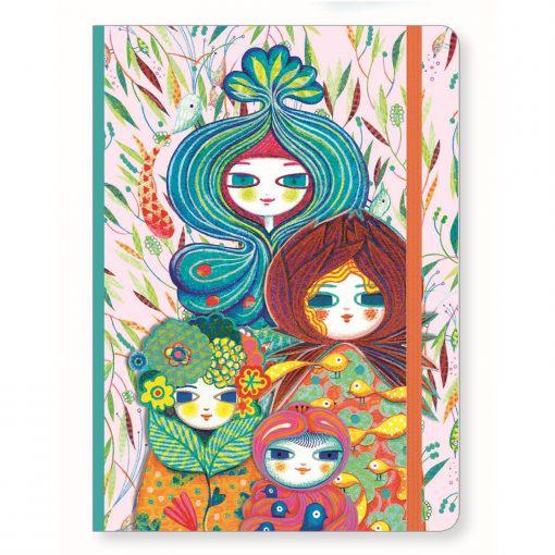 Image of the Muriel Elastic Notebook. On the front is a picture of three illustrated girls wearing elaborate outfits. The background is of leaves and birds.
