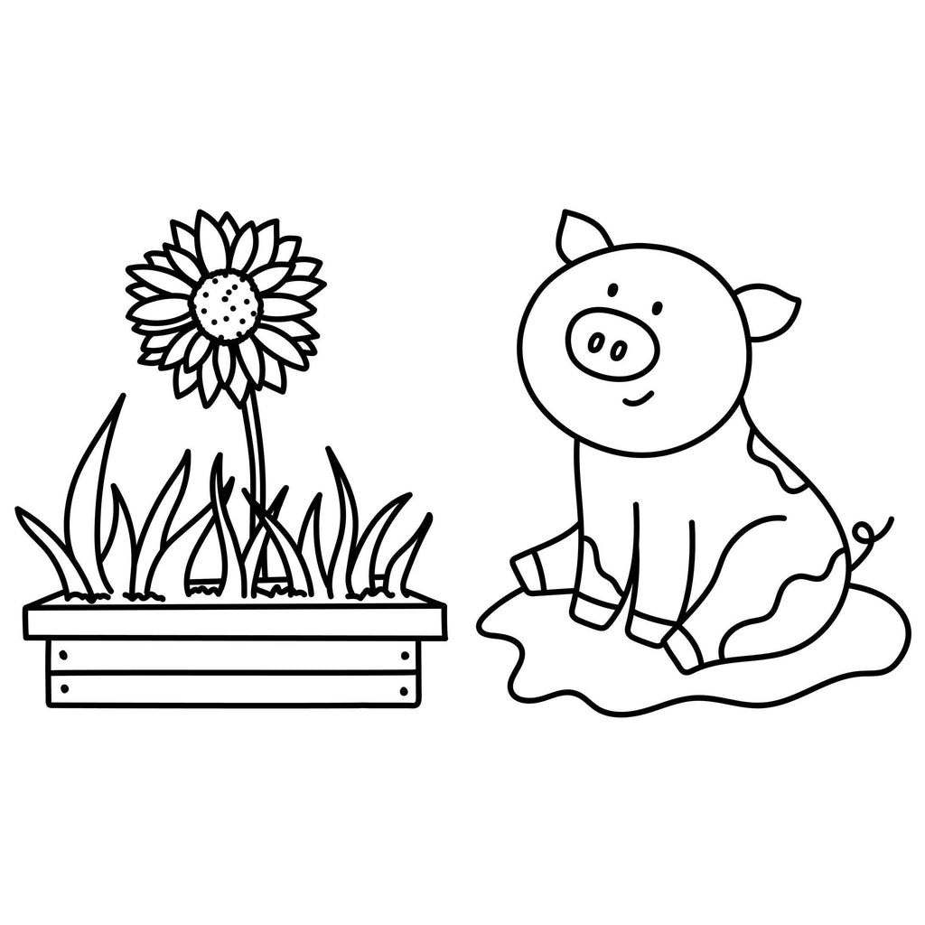 Example of two of the coloring pages. Each page has a large drawing of one object. This example has a lantern on a flower in a planter and a pig.