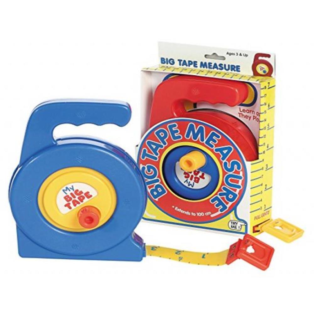 Image of the packaging and product My First Big Measure Tape. The tape can be red or blue. The toy can measure up to 100cm.