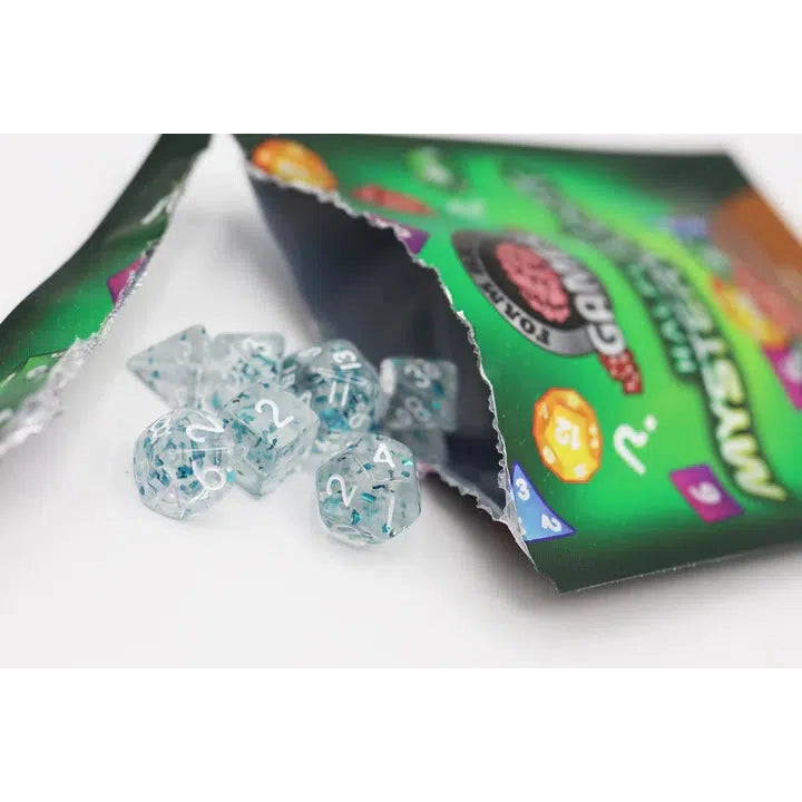 a package of the dice is shown open with the dice spilling out. The dice are a clear plastic with shiny cyan flecks inside.