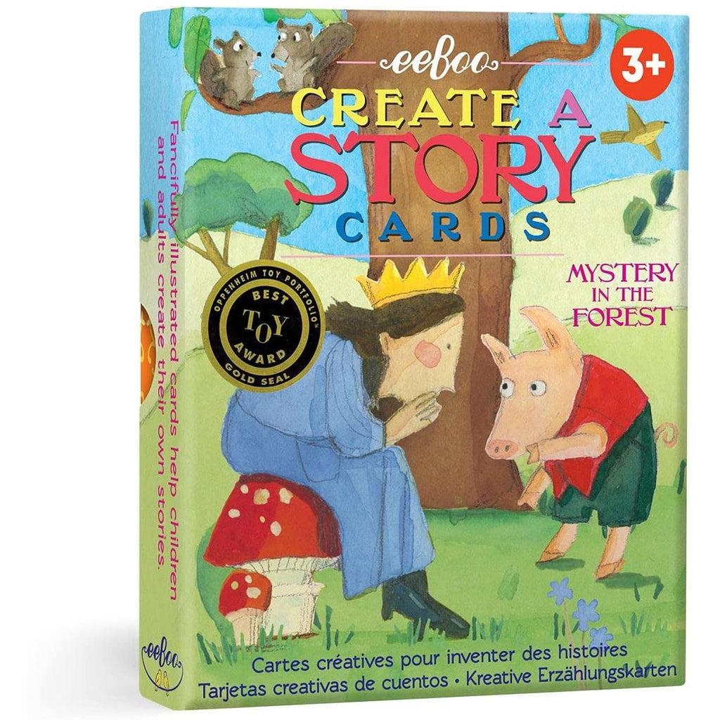 this image shows the box art for the Create a story card game.  mystery in the forest is the theme for the card game to create a lovely story. 