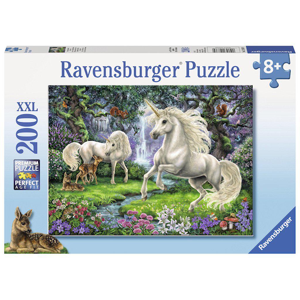 200 extra large piece puzzle box | 8+ | image shows two unicorns near a stream in a forest interacting with fawns