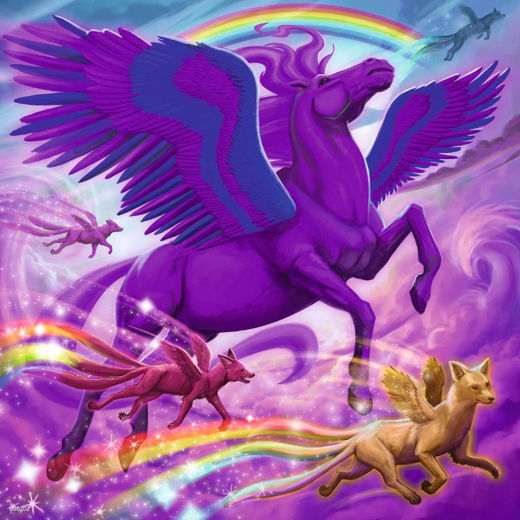 Puzzle image #1 | A large purple Pegasus flies against a purple cloudy sky with a single rainbow arching over the Pegasus. | Foxes (colored yellow, red, purple, and blue) with multiple tails fly around the Pegasus and leave rainbow sparkle trails behind them.