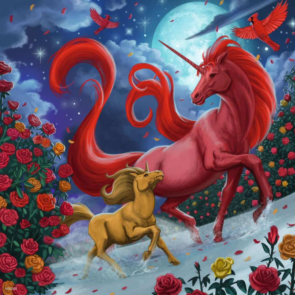 Puzzle #2 image | A large red unicorn and small yellow unicorn gaze at each other as they tromp through snow | They are surrounded by rose bushes with red, yellow, and orange roses, red robins, and a night sky with sparkling stars and a large full moon.