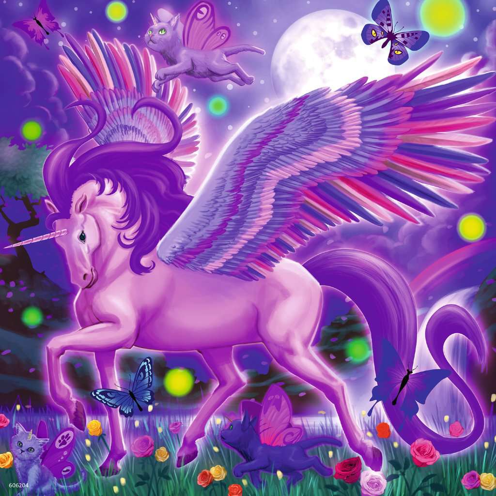 Puzzle #3 image | A large purple Pegasus with pink and purple wings stands in a grassy flower field under a full moon.| Butterflies and fireflies surround the Pegasus. | Small purple cats with purple butterfly wings surround the Pegasus.