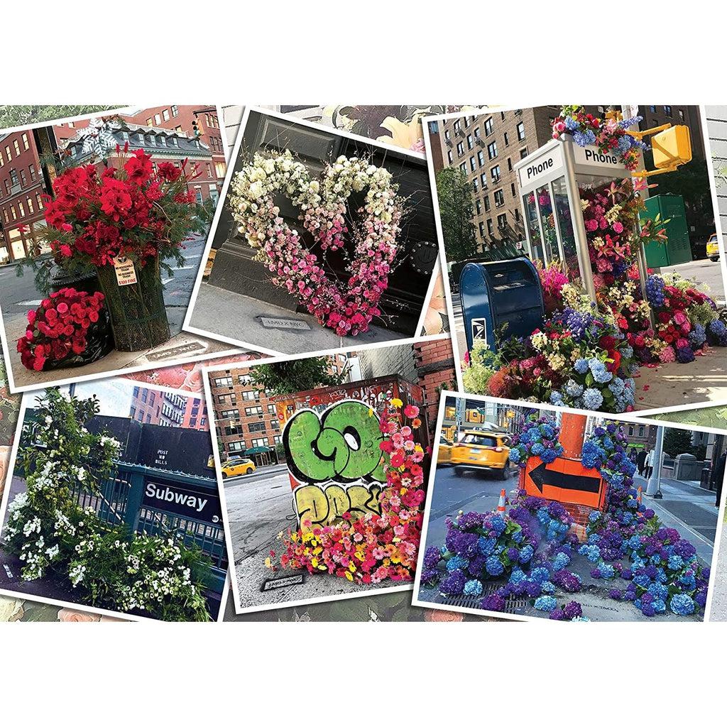 Puzzle is of 6 different photographs of flower displays in New York City. They juxtapose street signs or trash cans with the beautiful flower arrangements.