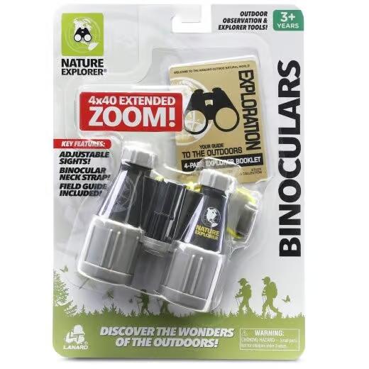The binoculars come sealed in a blister card pack. The packaging reads: 4 by 40 extended zoom! with adjustable sights, binocular neck strap. Discover the wonders of the outdoors