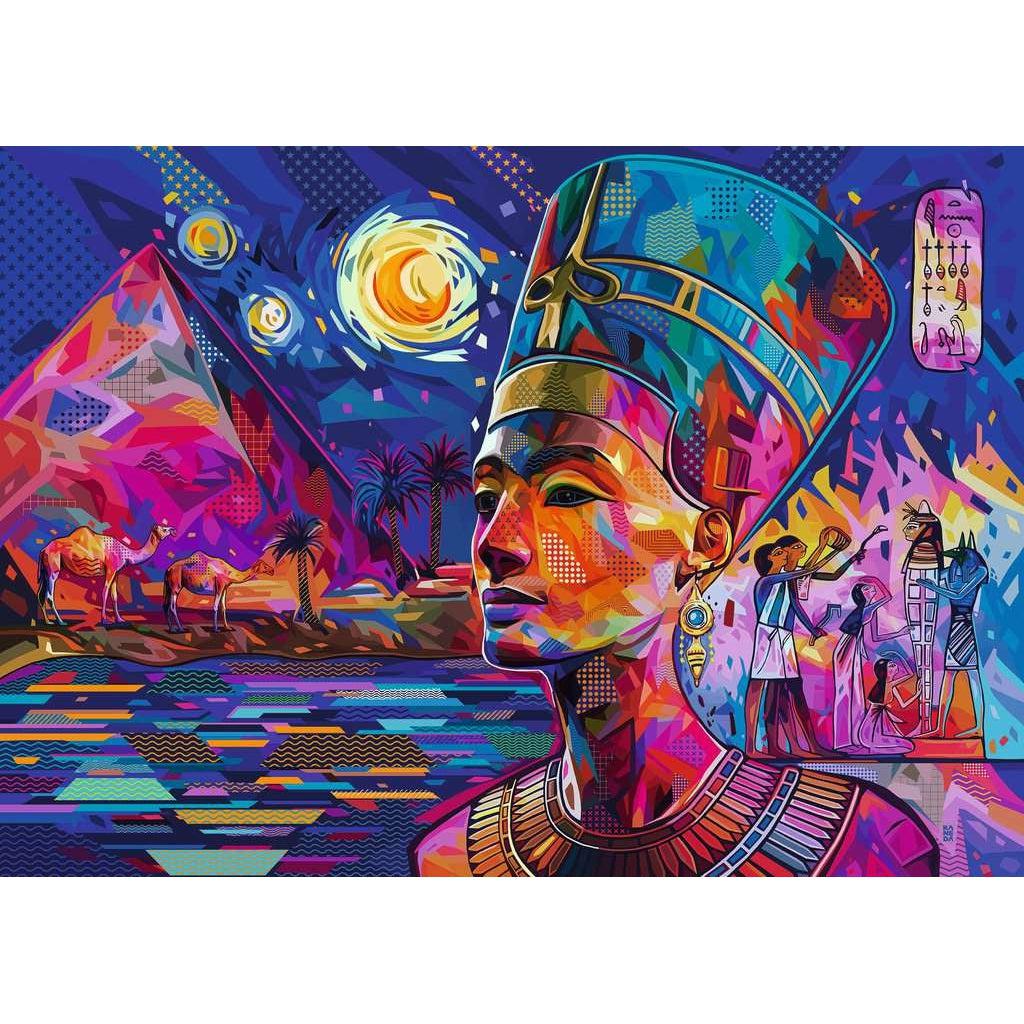 Puzzle is a colorful digital art of Nefertiti from the shoulders up, pyramid and camels near the Nile river, and Egyptian style art and hieroglyphs under a night sky.
