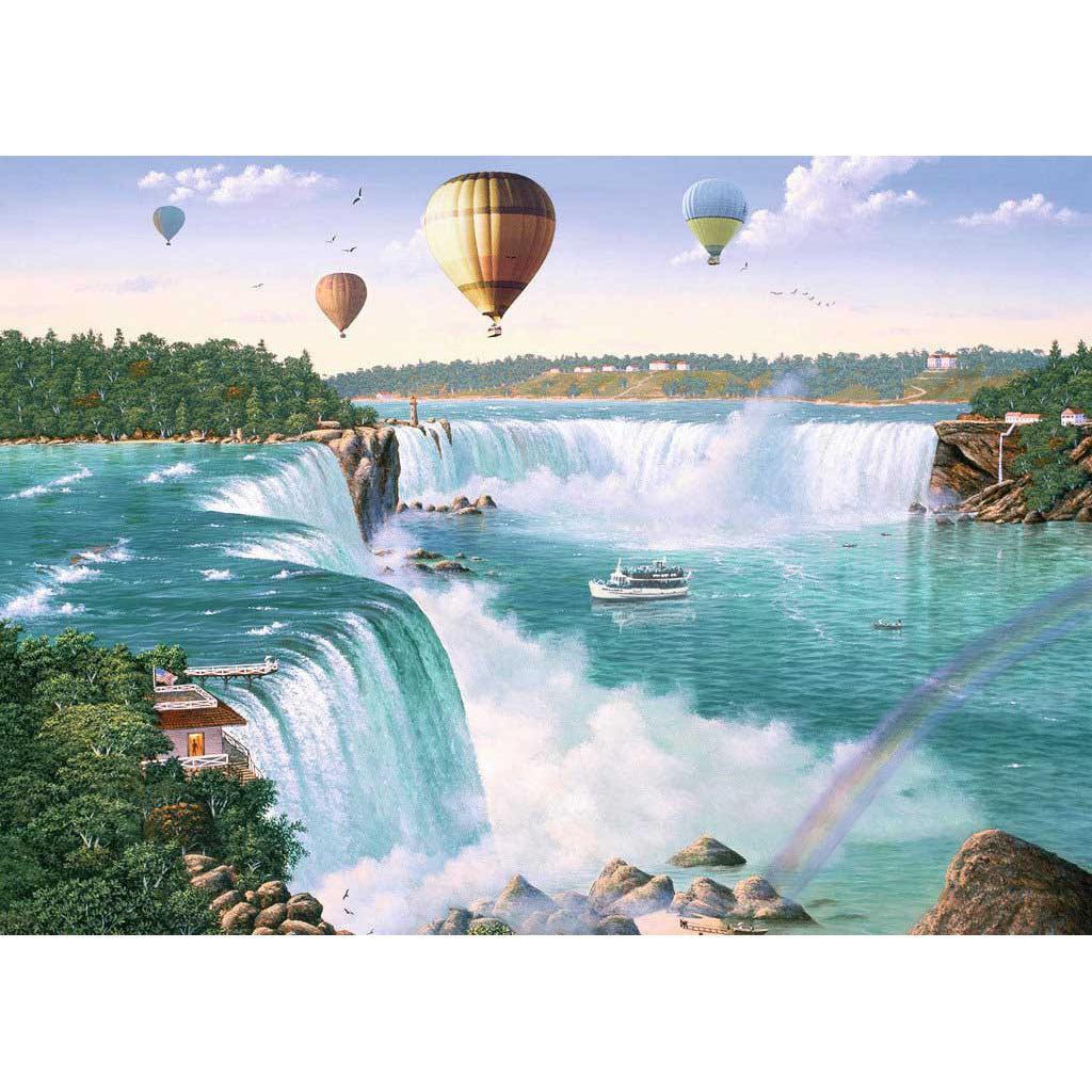 Puzzle is a scenic view of Niagara Falls with visible rainbow, boat, and hot air balloons