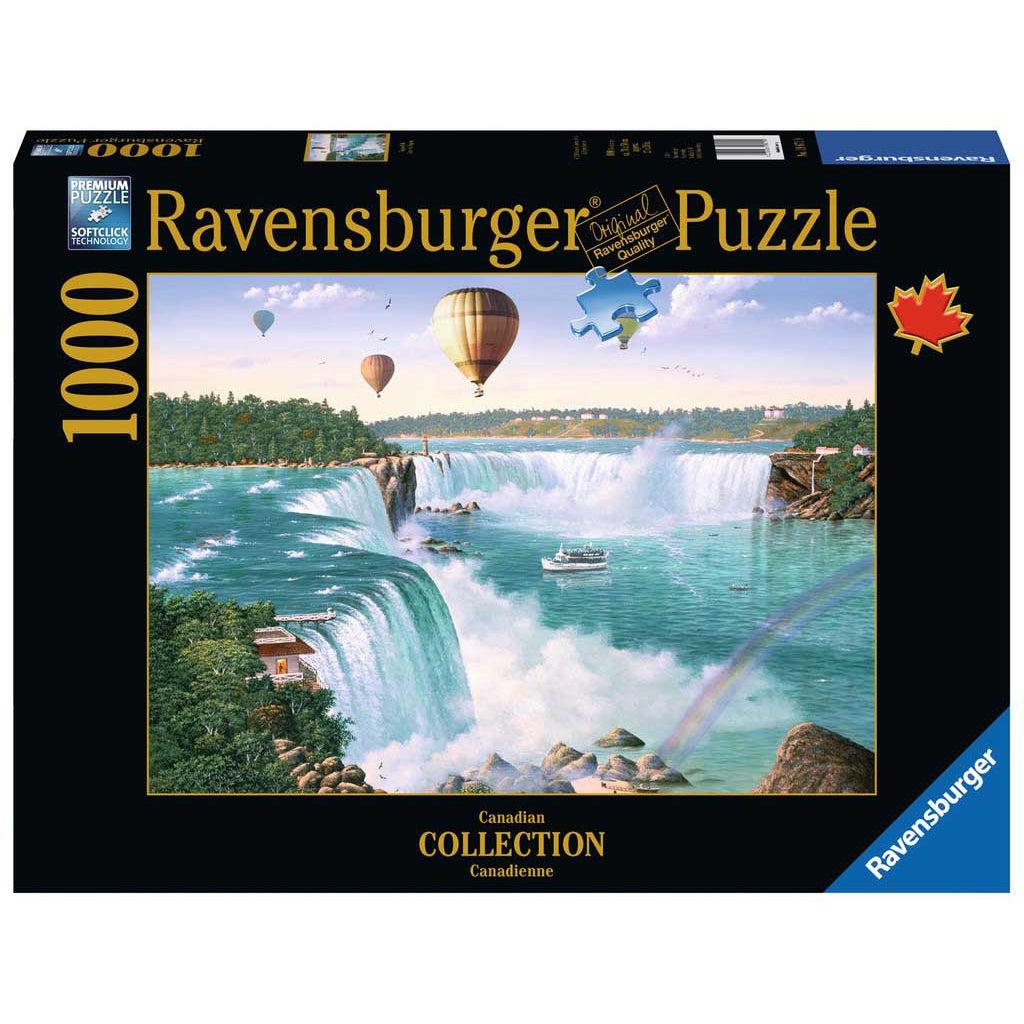 Image of front of the puzzle box. It has information such as the brand name, Ravensburger, and the piece count (1000pc). In the center is a picture of the finished puzzle. Puzzle described on next image.