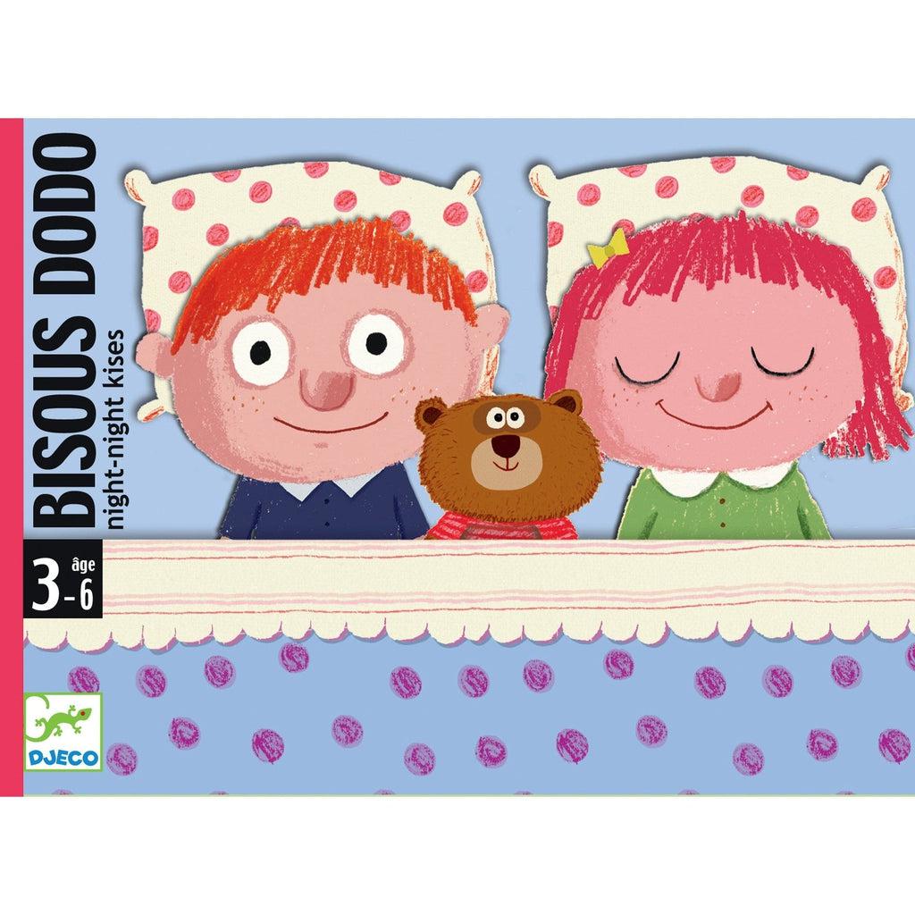 Image of the front of the packaging for Night-Night Kisses. Shows a illustration of a little boy and little girl resting in bed.