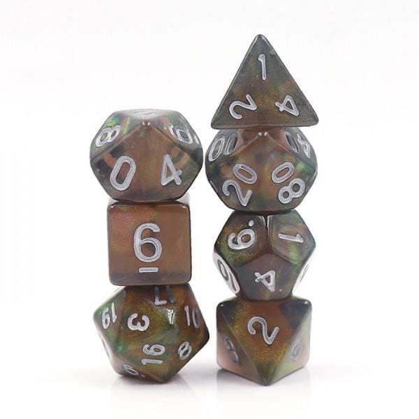 The dice are shown in two vertical piles, the bright light makes the colors slightly muted and more brown than amber, but still gives the impression of a different view of space