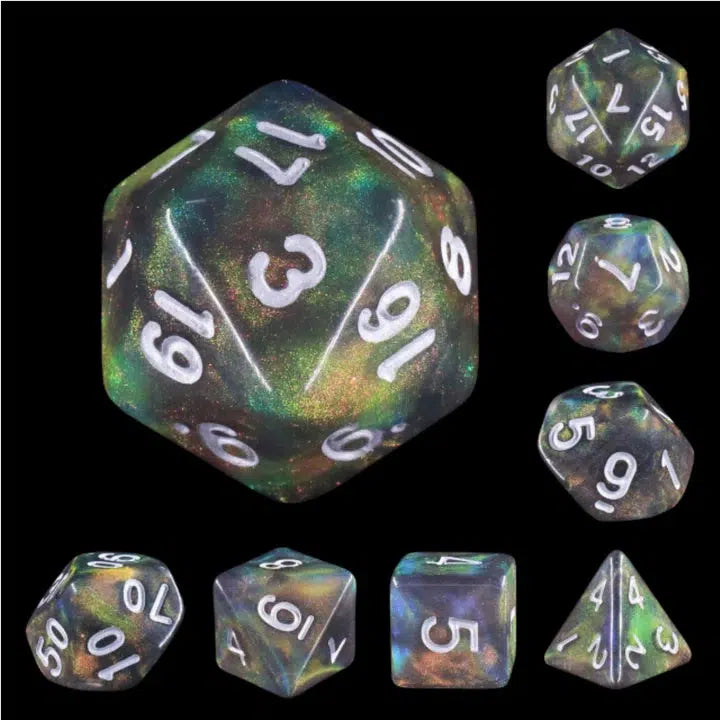 The dice are shown with lower lighting on a black background making the colors pop and revealing some muted purples and blues mixed in with the amber and green.