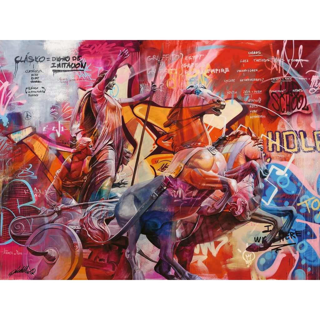 Puzzle is a street-art style illustration of a marble sculpture woman with horses blending into vibrant color patches. and graffiti words.