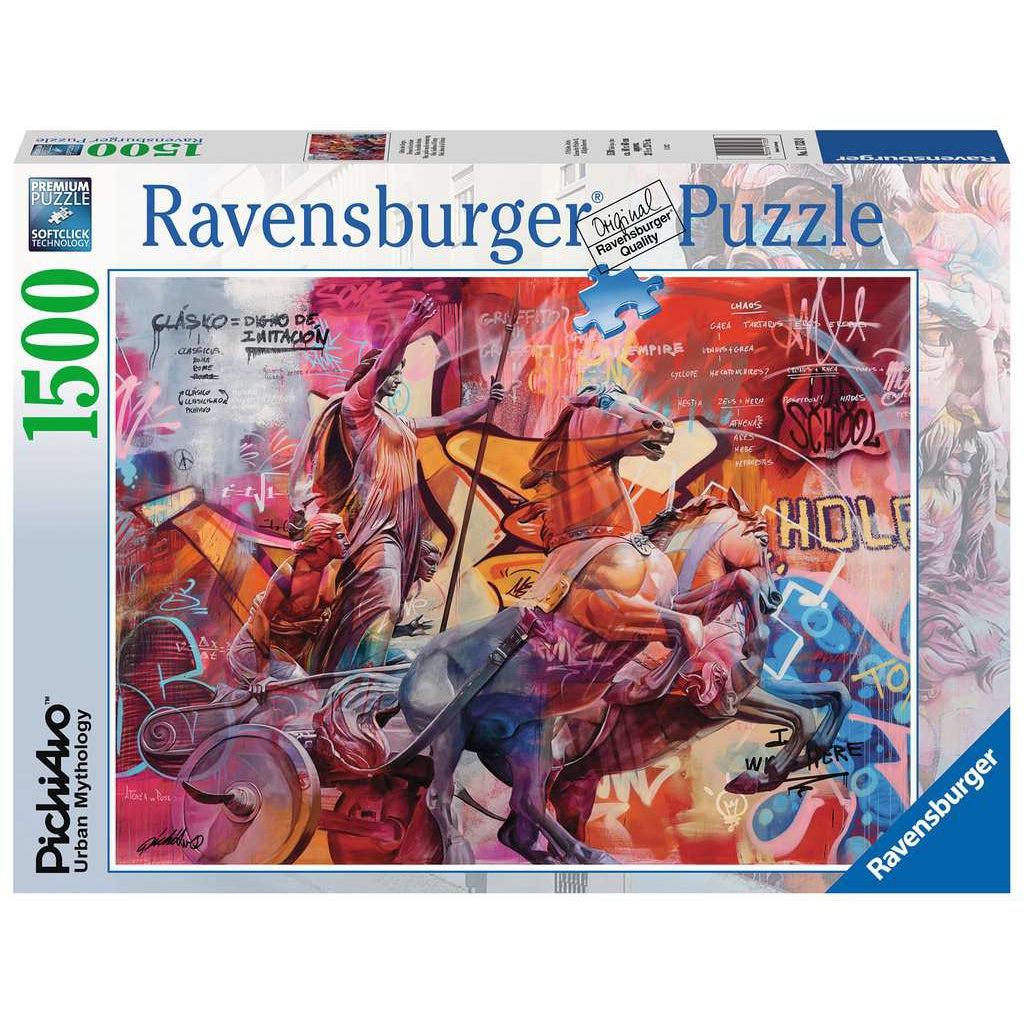 Image is the front of the puzzle box. It has information such as the brand name, Ravensburger, and the piece count (1500pc). In the center is a picture of the finished puzzle. Puzzle described on next image.