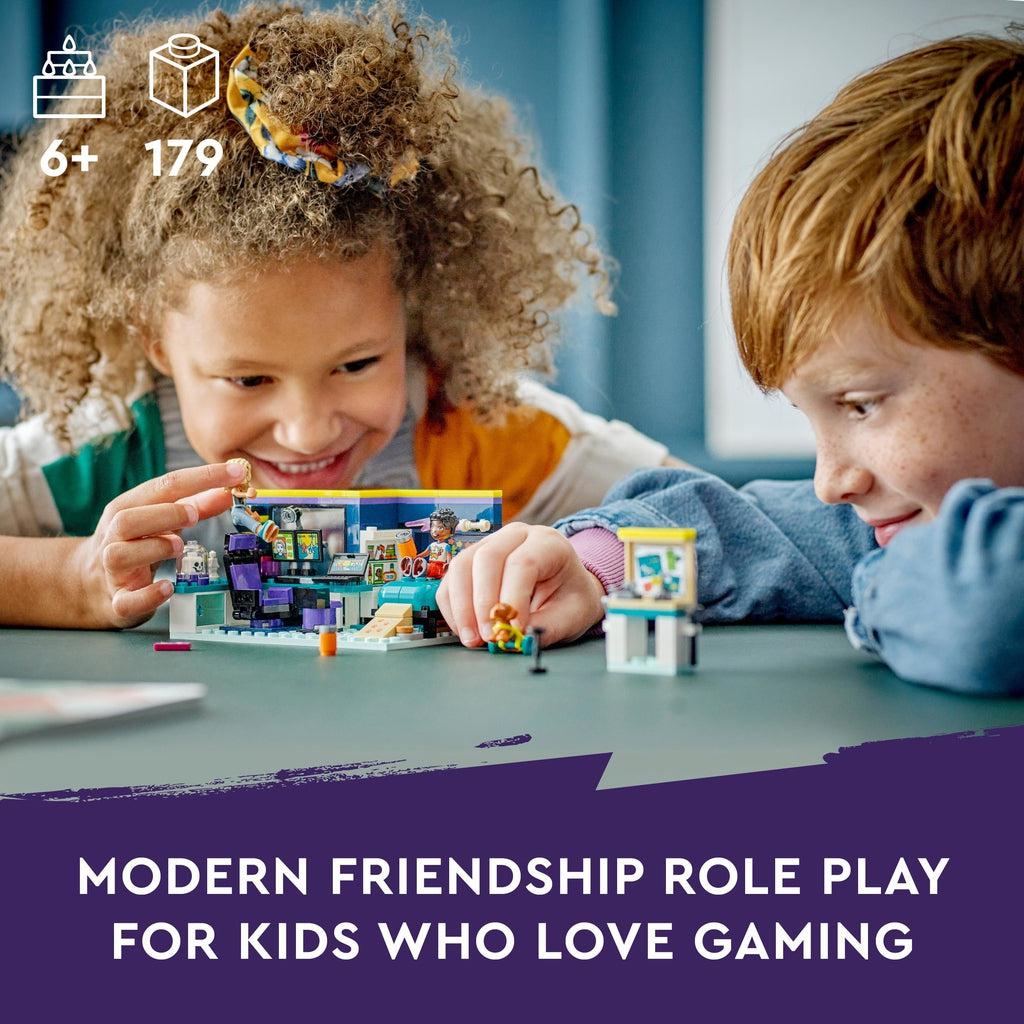 A boy and girl are shown playing with the set together | Piece count of 179 and age recommendation of 6+ in the top left | Image reads: Modern friendship role play for kids who love gaming.