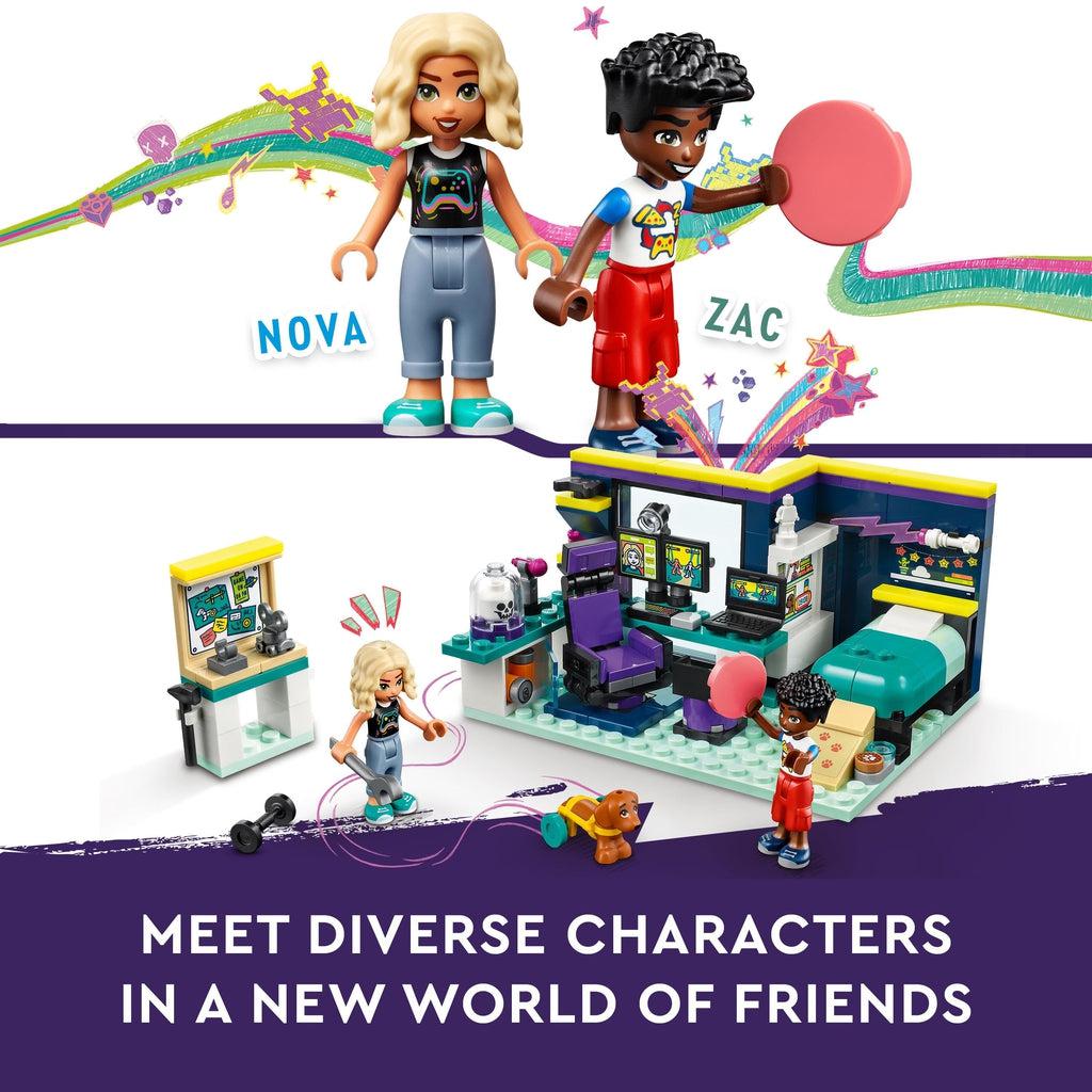 top image shows the nova and sac lego friends figures next to eachother above an image of nova at her workbench and the dog zooming to zac | Image reads: meet diverse characters in a new world of friends characters.