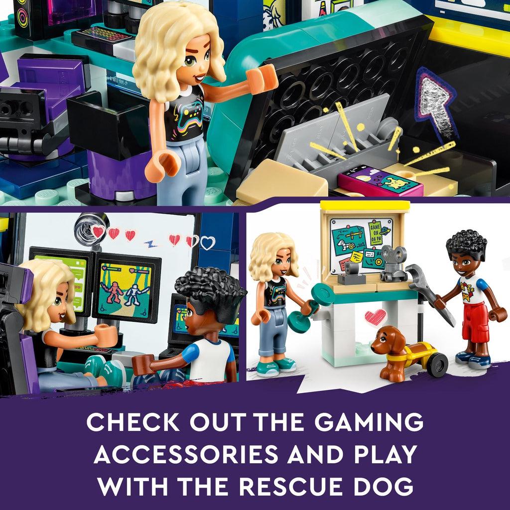 Images show mova lifting her bead to reveal a phone underneath, nova and zac playing a fighting game, and the two fixing the dogs wheel harness | Image reads: check out the gaming accessories and play with the rescue dog.