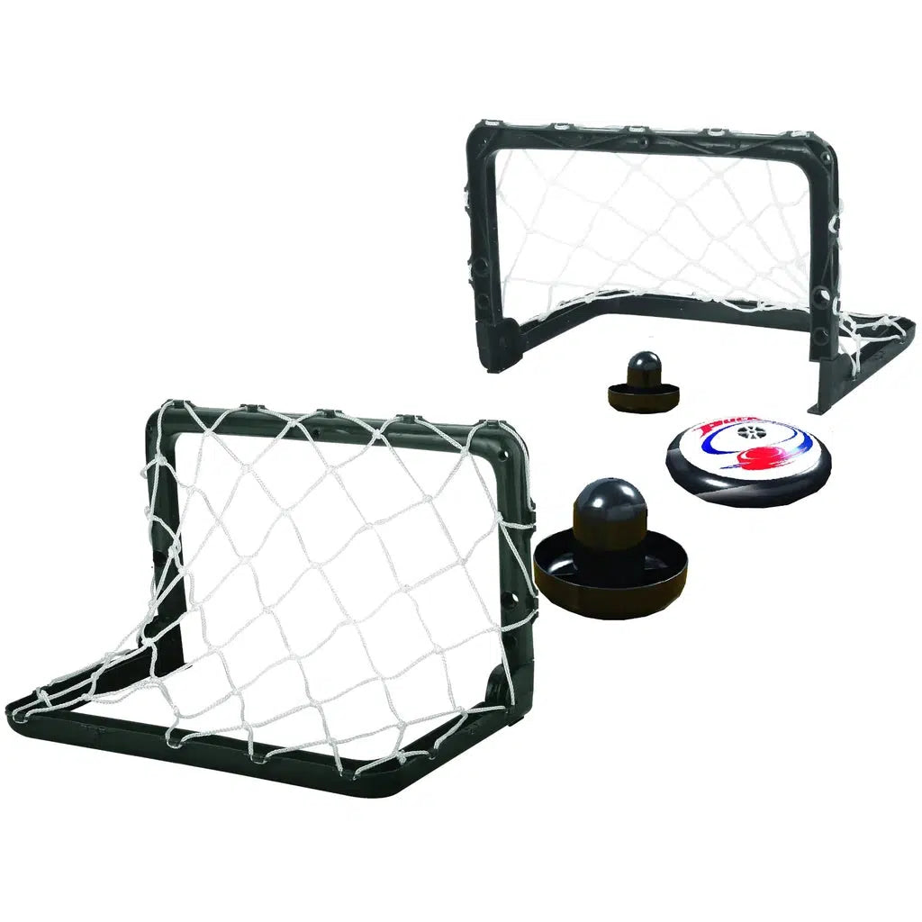 this image shows the netx and puck at an angle, perfect game for two people