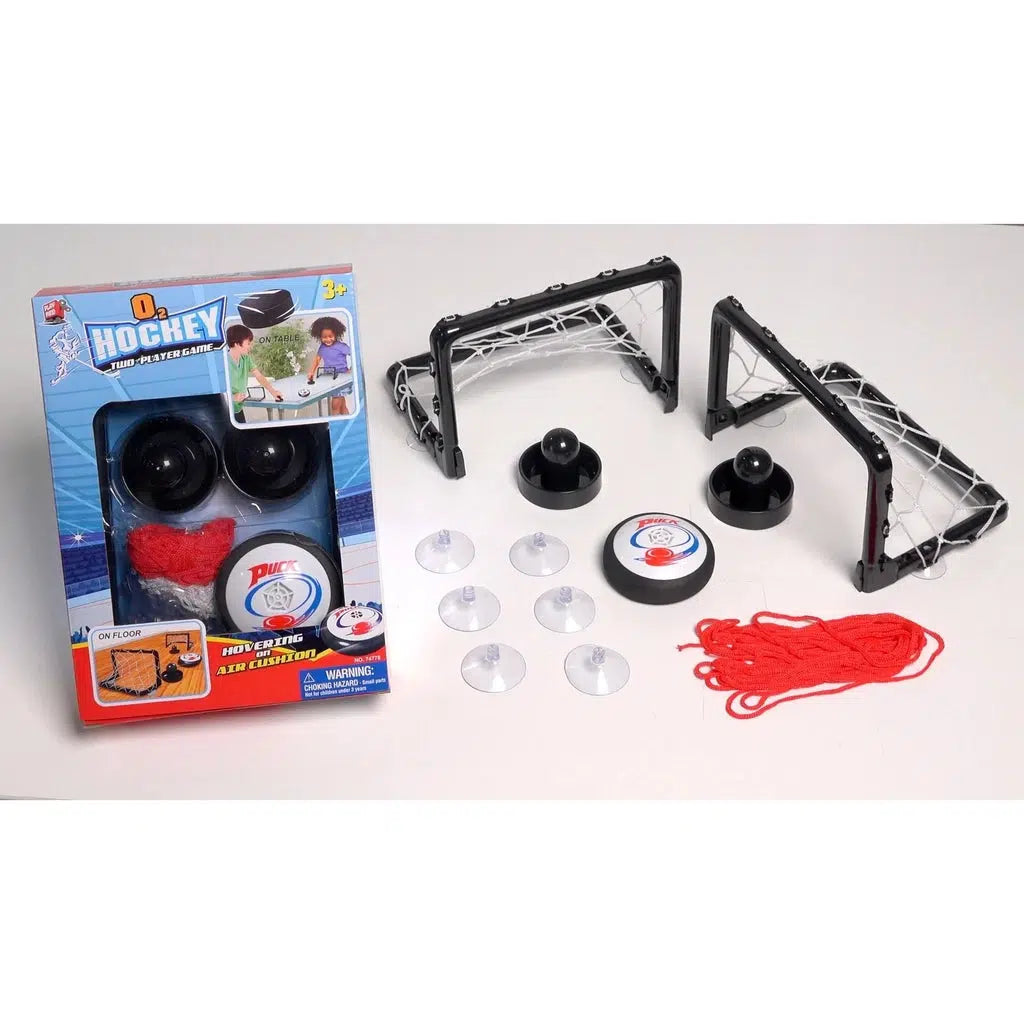 this image shows ope and suction cups taht also come with the game to set up an air hockey arena